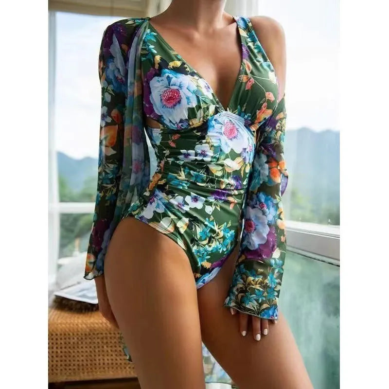 Women's floral bikini three-piece suit with matching coat in polyester fabric