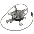 Silver portable split camping stove with fuel hose, shown folded, for outdoor picnic and backpacking.