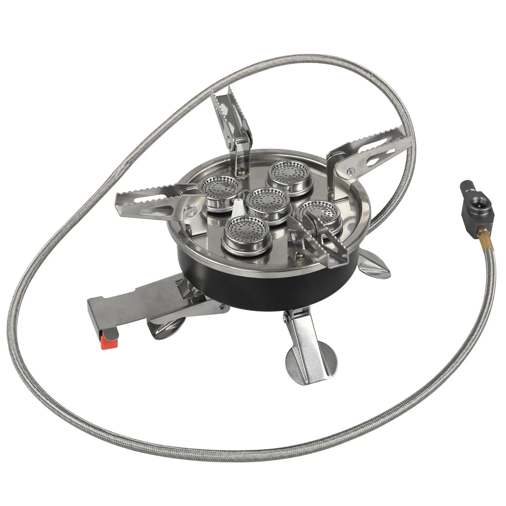 Silver portable split camping stove with fuel hose, shown folded, for outdoor picnic and backpacking.