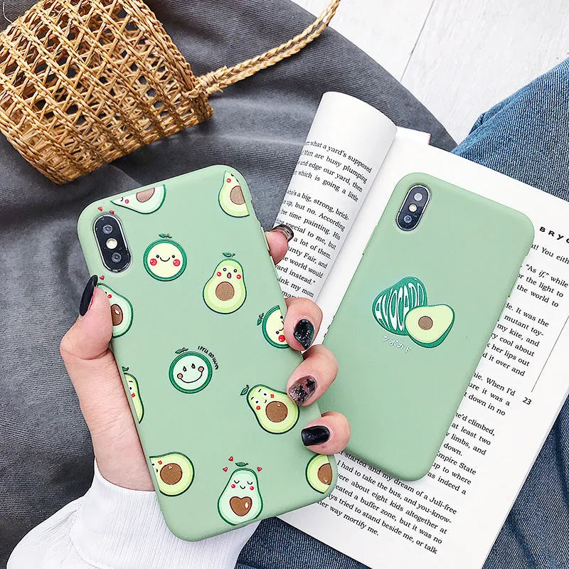 Colourful cartoon avocado design on a flexible TPU phone case for iPhone.