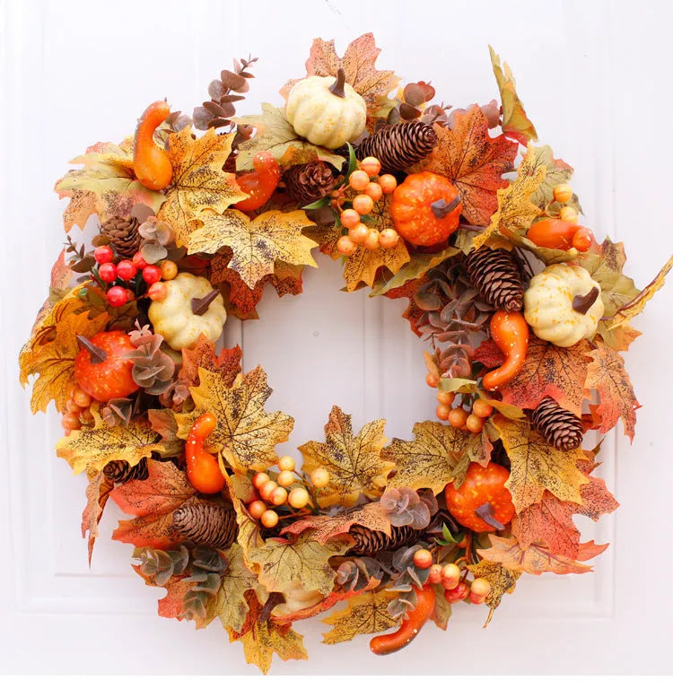 Autumn pumpkin wreath with fabric leaves, simulation pumpkins, berries, and pine cones on a vine ring, 50cm diameter