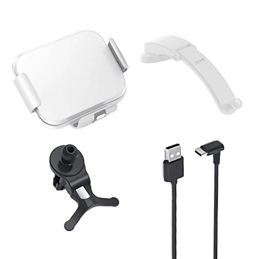 Grey folding screen car phone holder with wireless charging showing air conditioner clip and suction cup mounting options