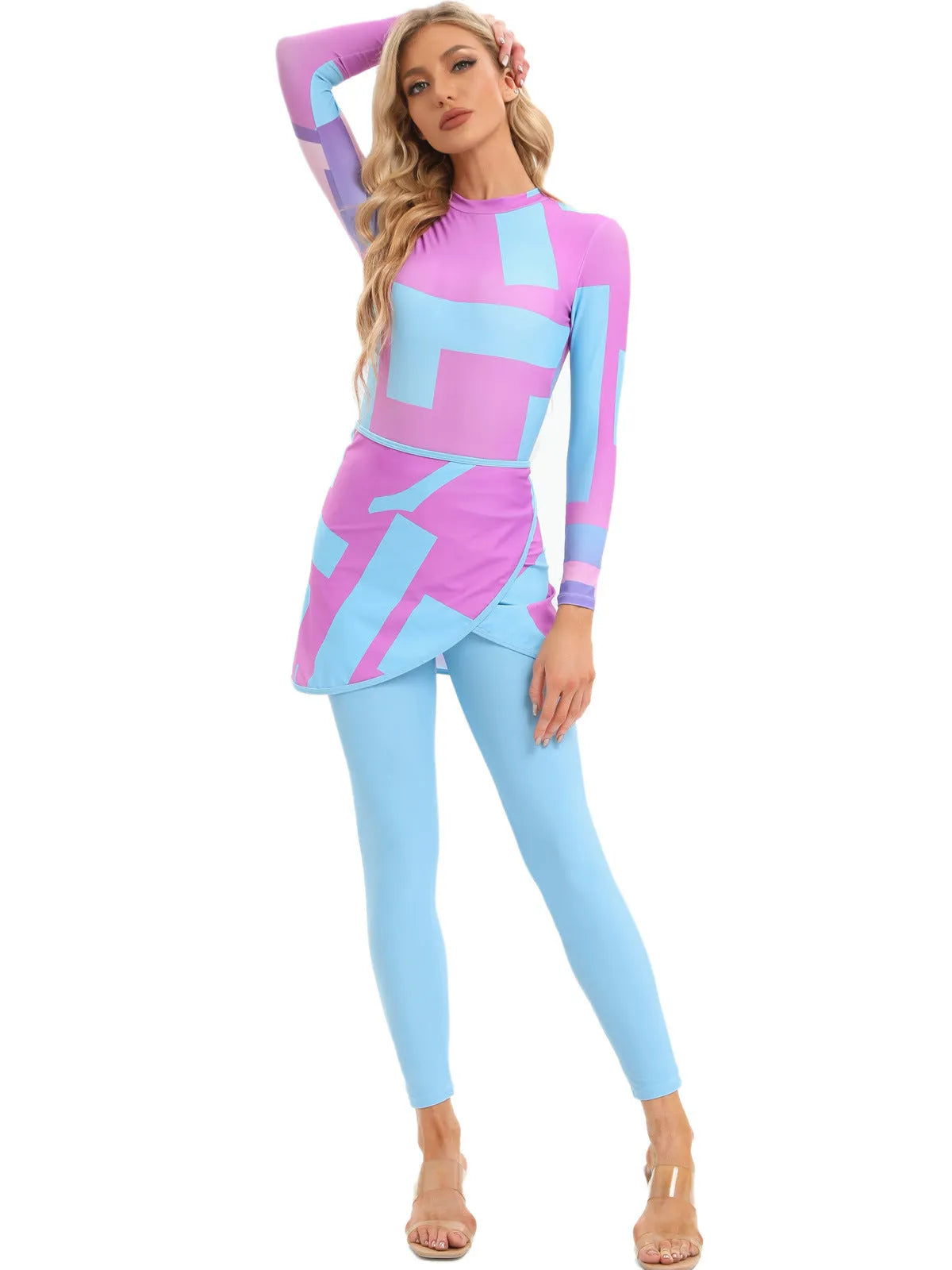 Conservative Muslim swimsuit three-piece set with apron in polyester fabric