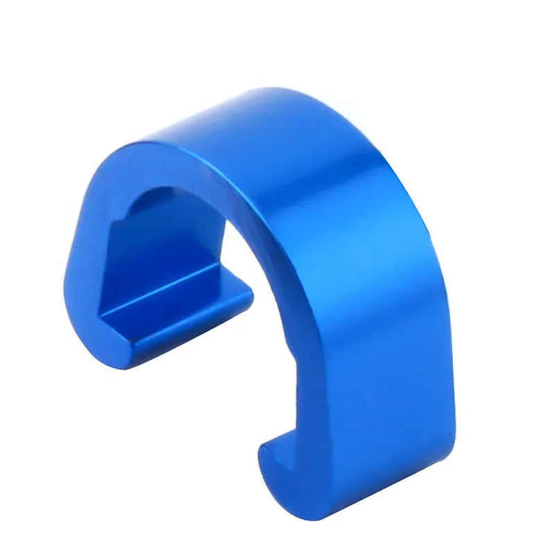 Aluminium alloy C-shaped buckle in multiple colours, shown with a keyring for scale.