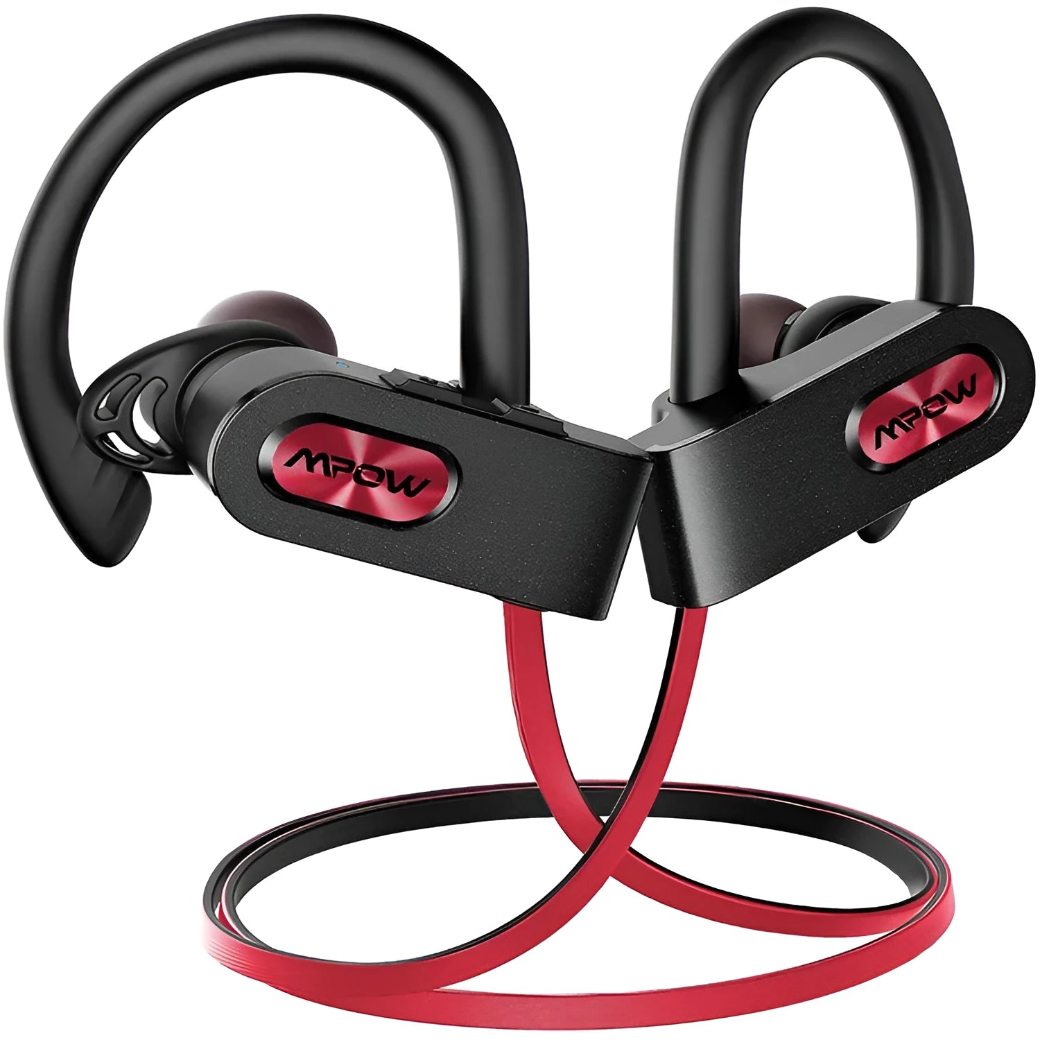 Red hanging ear Bluetooth headset shown from the side, highlighting its over-ear design.