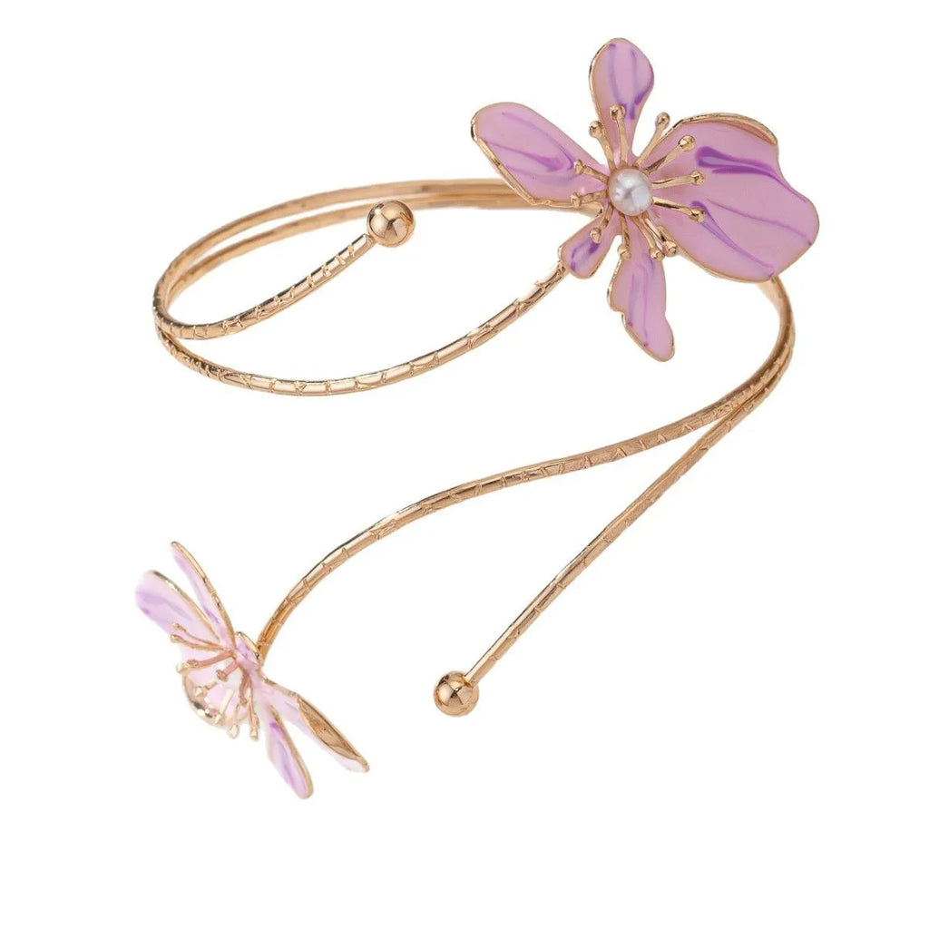 Personalised hollow pattern alloy armband in pink or purple colour with engraved lines.