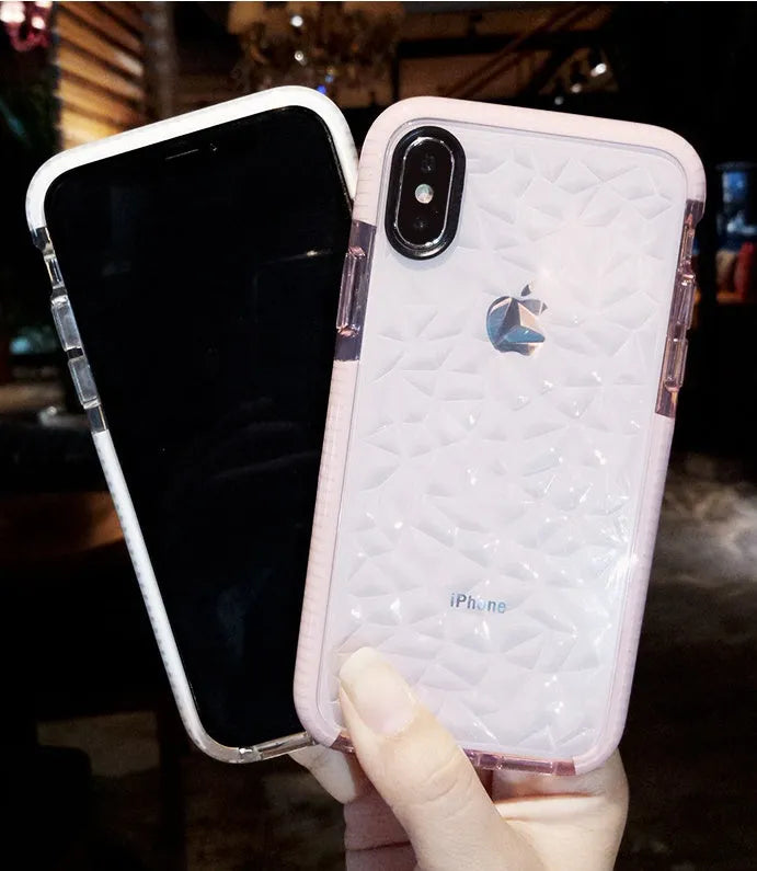 TPU iPhone back cover case with a striped pattern, shown in pink edge, white edge, and black border colour options.