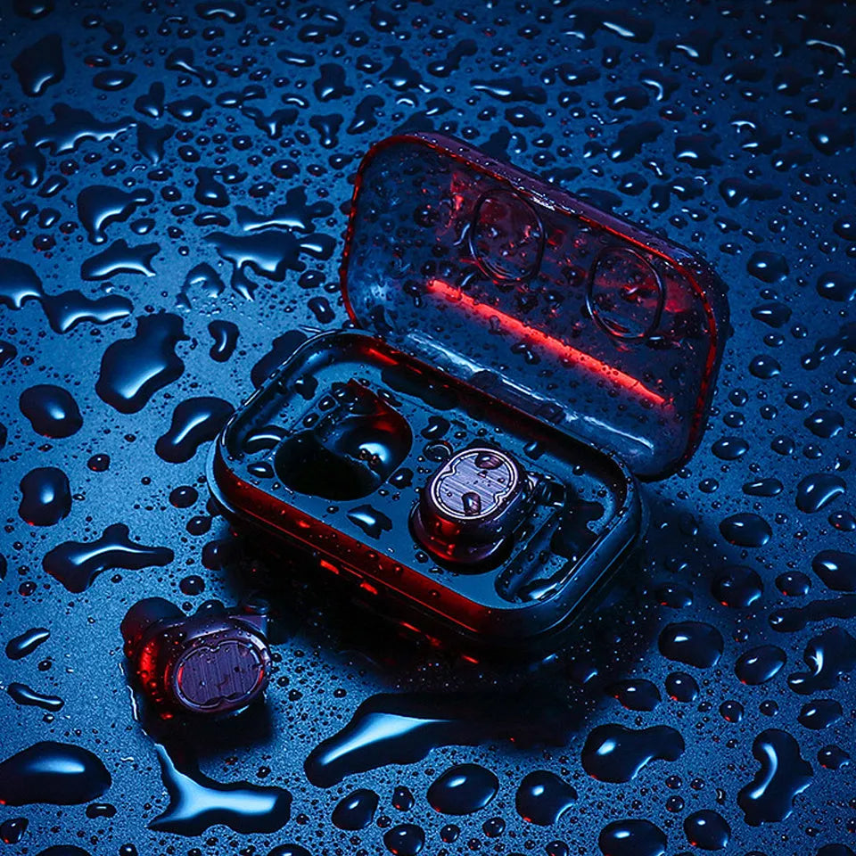 Bluetooth wireless earbuds in black, white, red, and blue colours showing earbud design