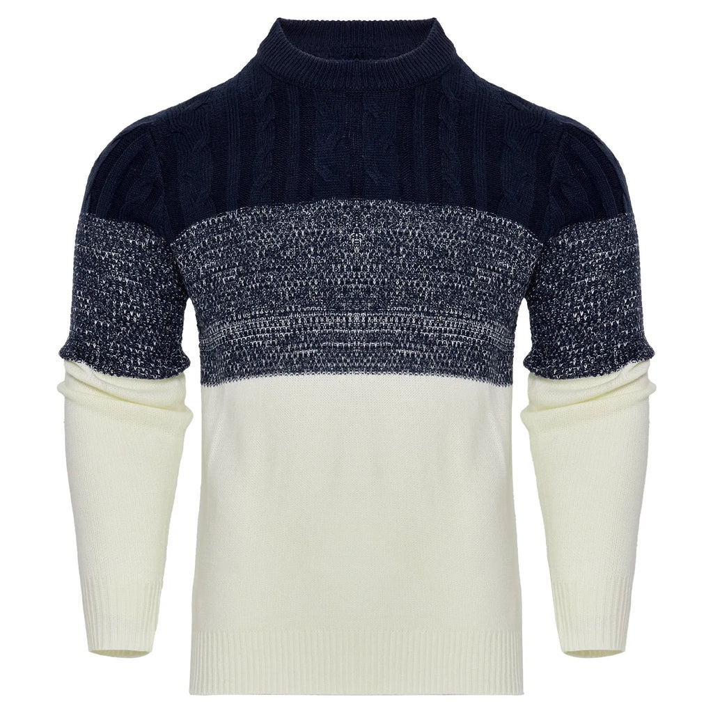 Men's grey knitted pullover sweater with ribbed cuffs and hem on a hanger