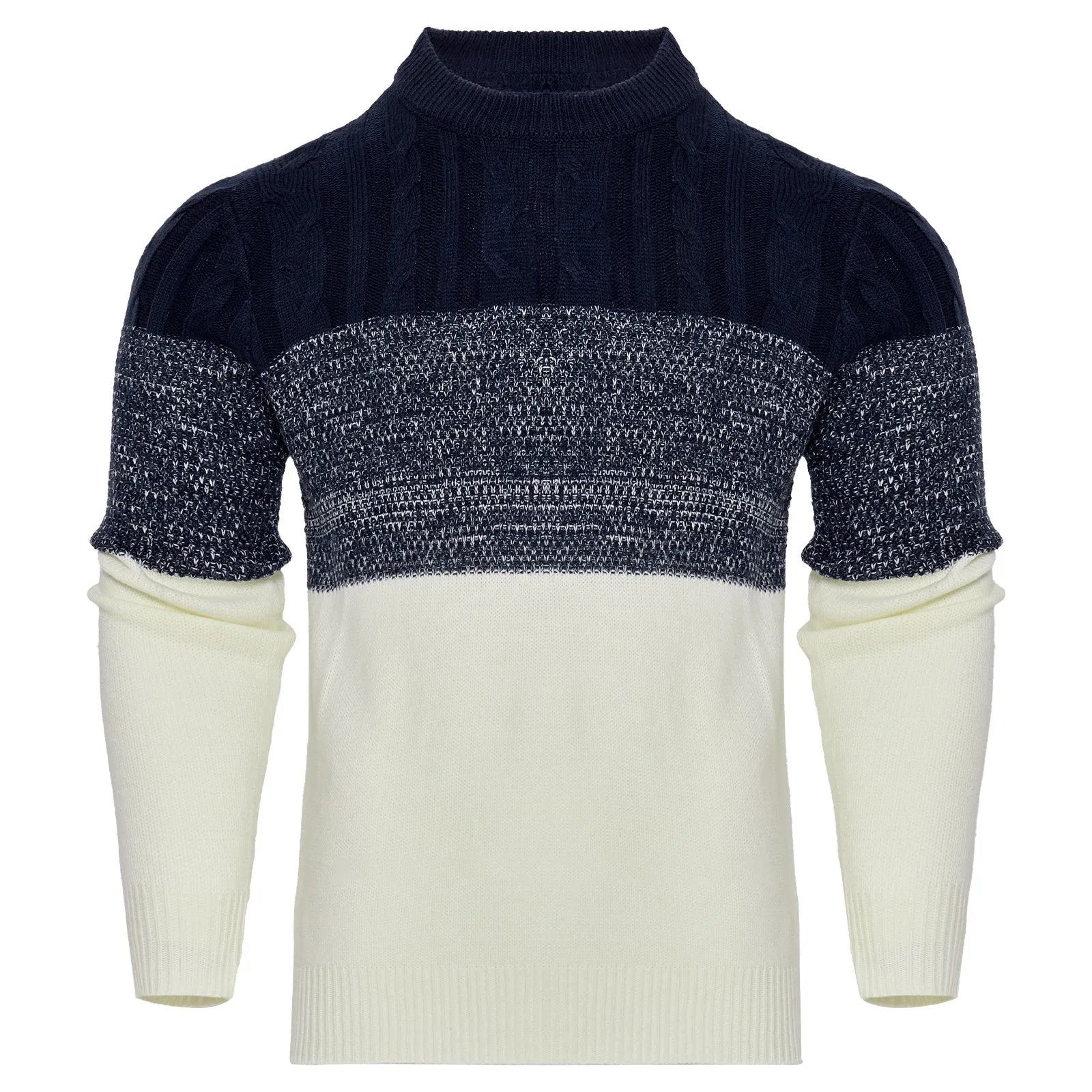 Men's grey knitted pullover sweater with ribbed cuffs and hem on a hanger