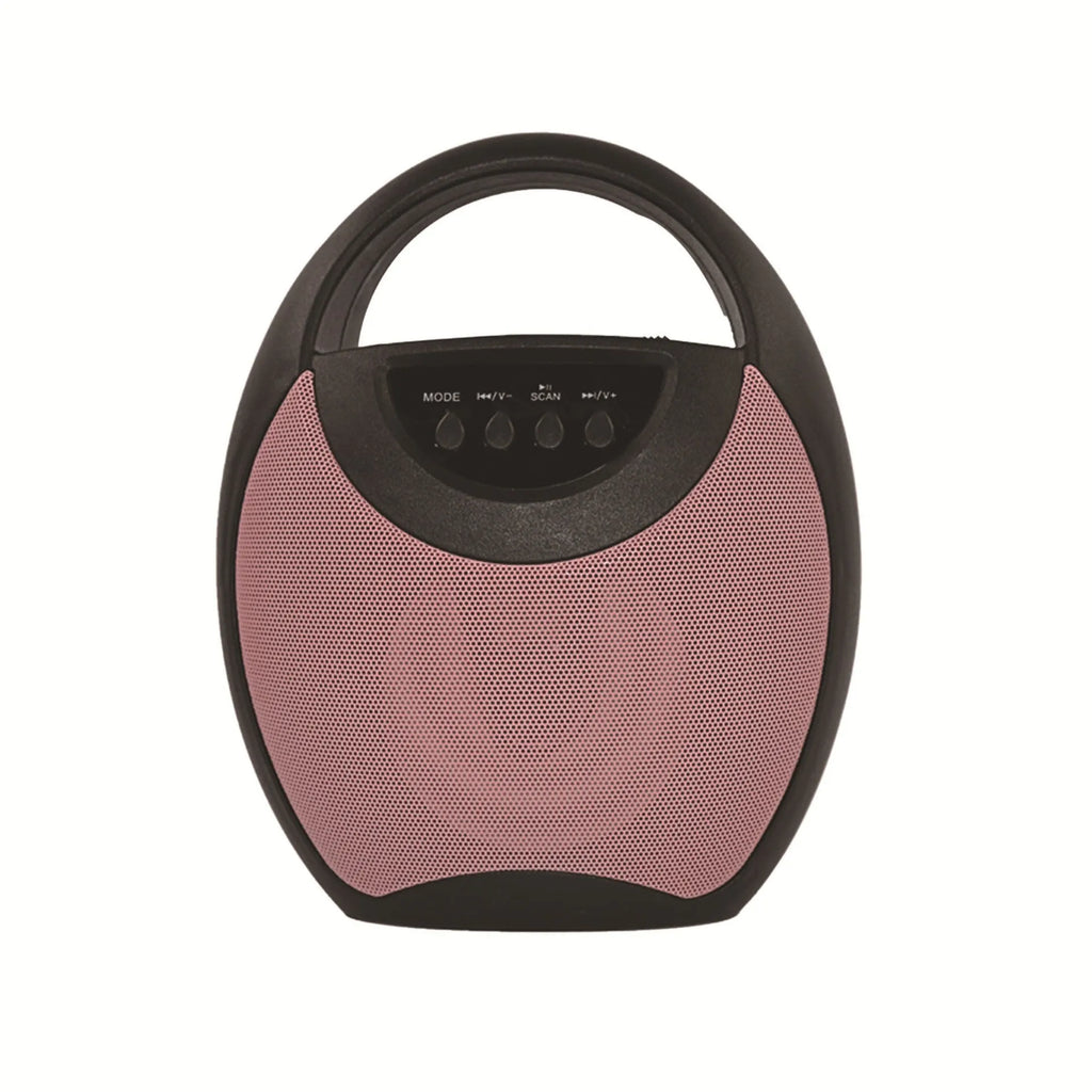 Portable Bluetooth speaker in black, blue, or pink with USB port and SD card slot