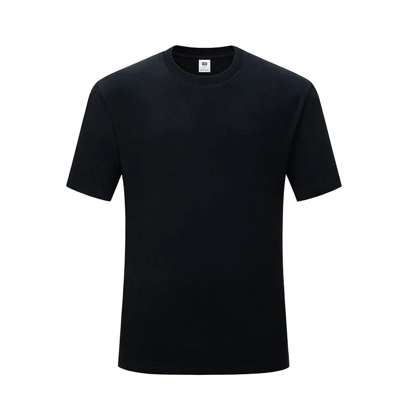 Men's loose fit solid colour cotton T-shirt on a hanger, shown in black and white.