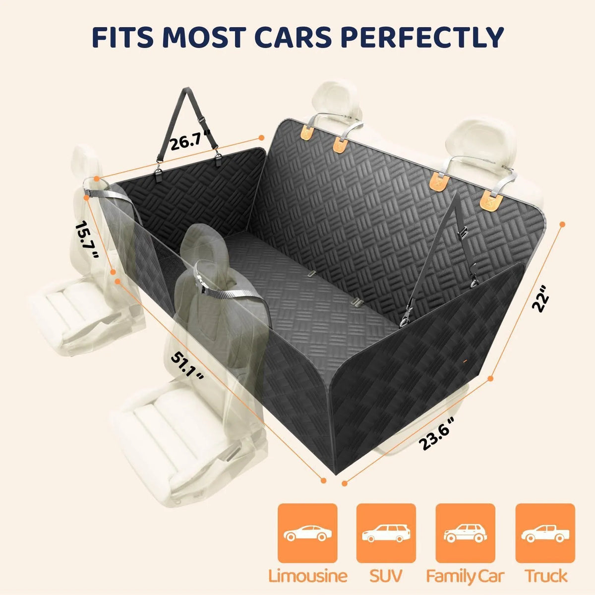 Black cloth car pet mat placed on rear seat for dog travel protection