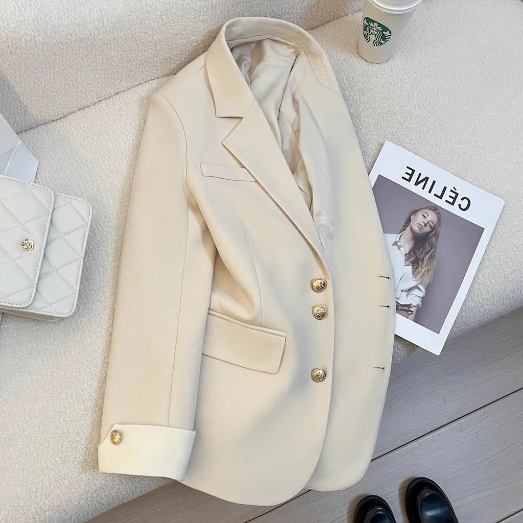 Women's Korean-style commute coat in milky white with 65cm length and pocket detailing