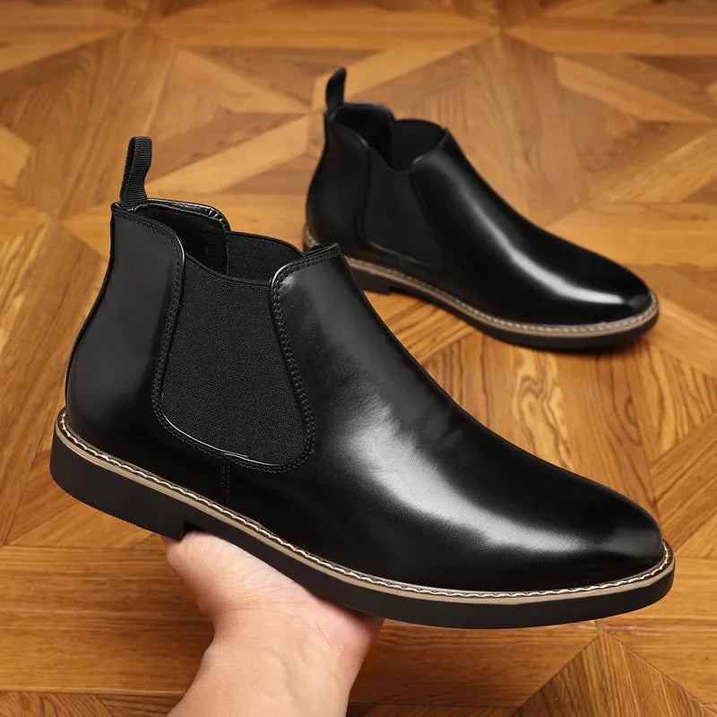 Men's black formal pointed-toe leather boots with a square heel and rubber sole.