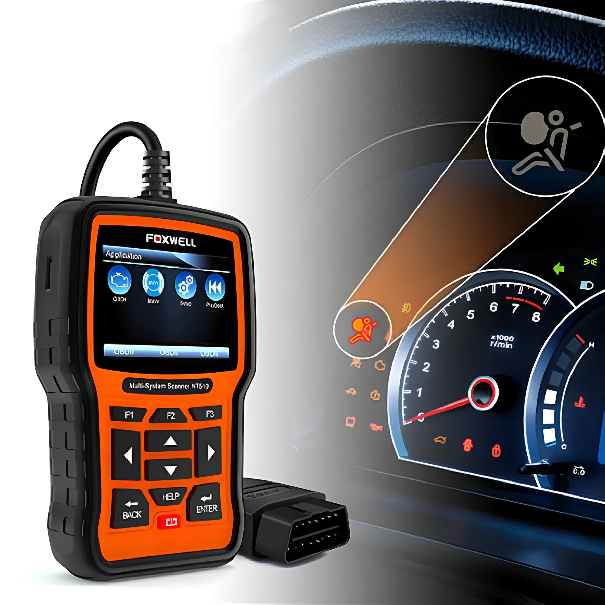 Foxwell NT510 orange and black automotive diagnostic tool with OBD2 scanner and system reset functions