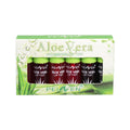Set of six aloe lip gloss tubes in different colours on a light background