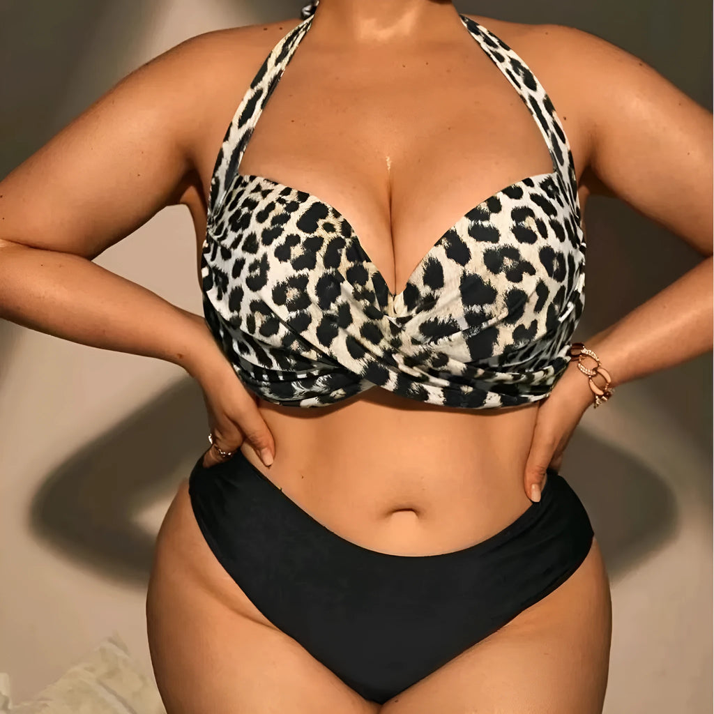 Plus size high waist leopard print bikini set with split top and shorts, showing the nylon and spandex fabric