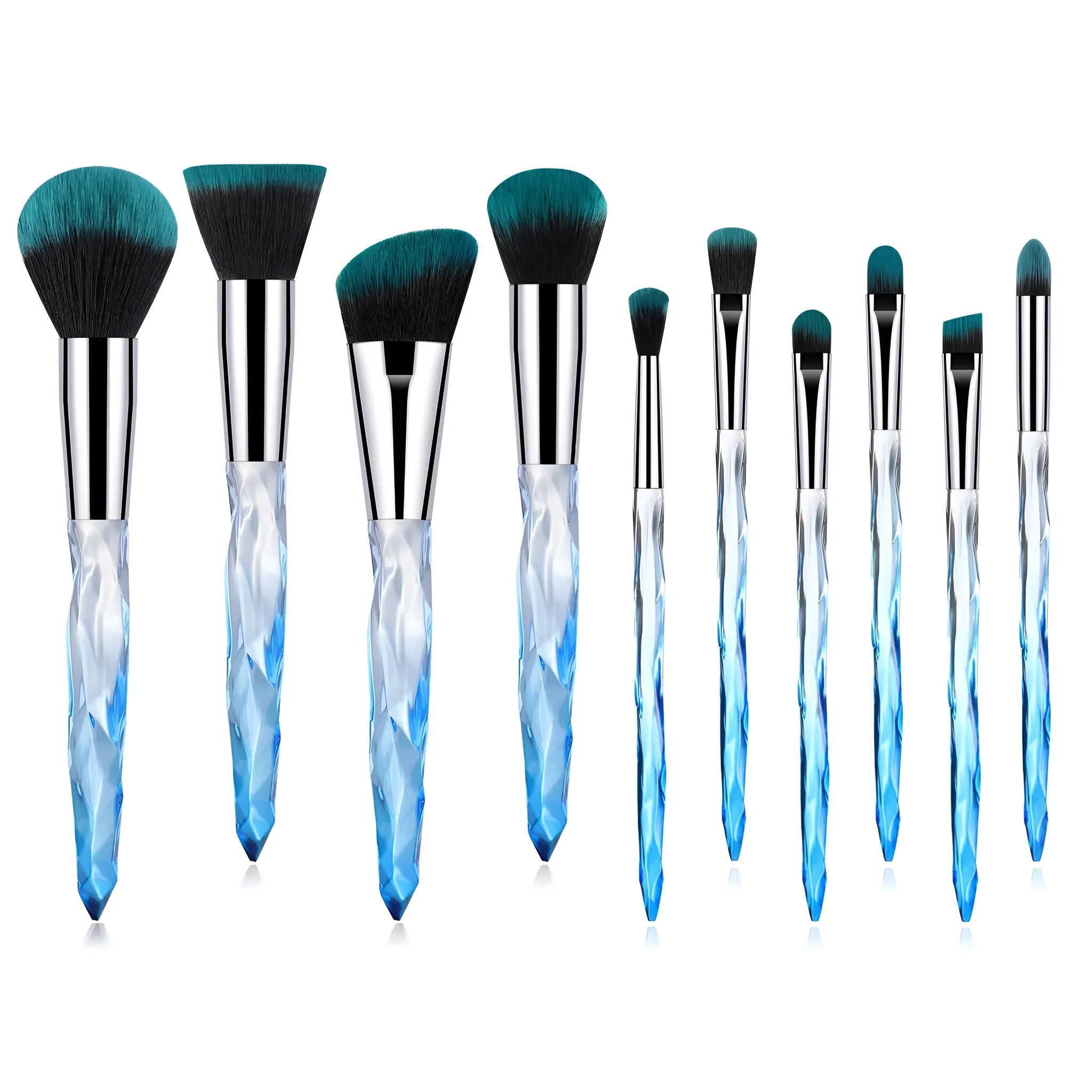 Ten crystal handle foundation brushes with artificial fibre bristles in a set, showing colour options.