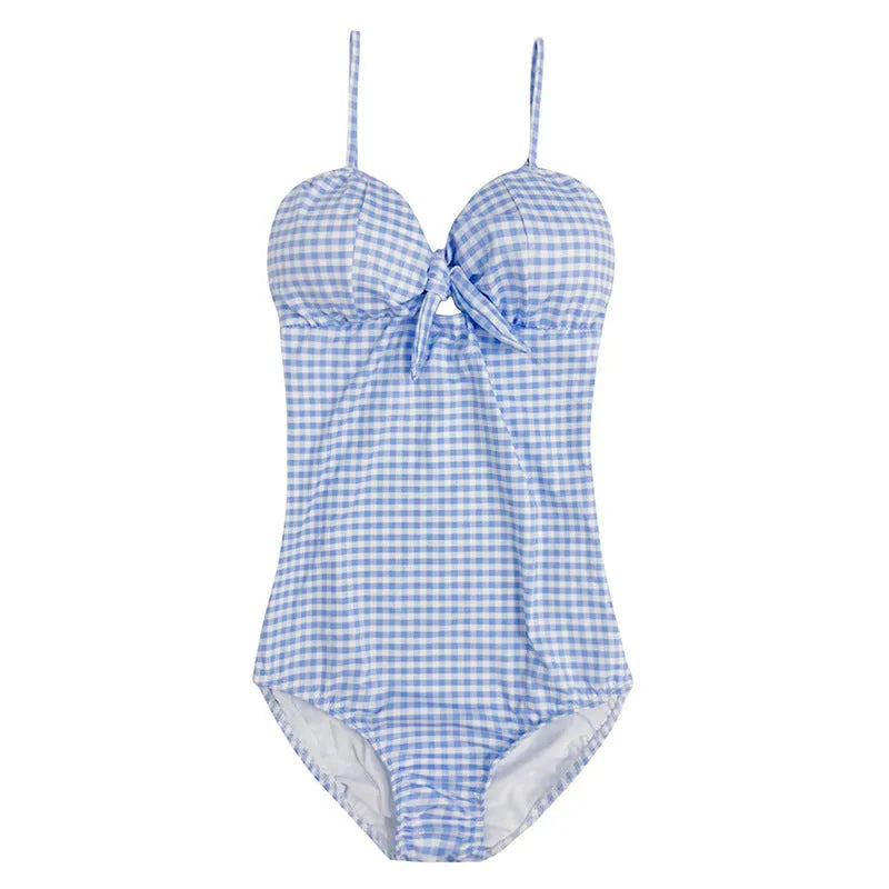 Women's blue and white plaid one-piece nylon swimsuit for swimming