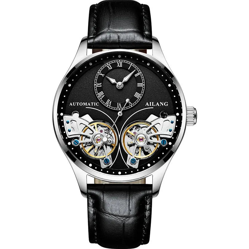 Automatic men's watch with tourbillon and moon phase on a black dial in a titanium case.