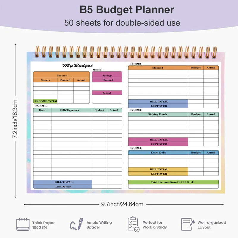 B5 budget tally book with spiral binding and blue PP cover open to show financial tracking pages
