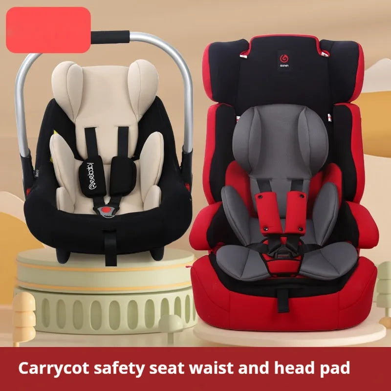 Child safety seat cushion with lumbar support and head protection pads in knitted fabric sponge, available in pink navy blue black green gray beige