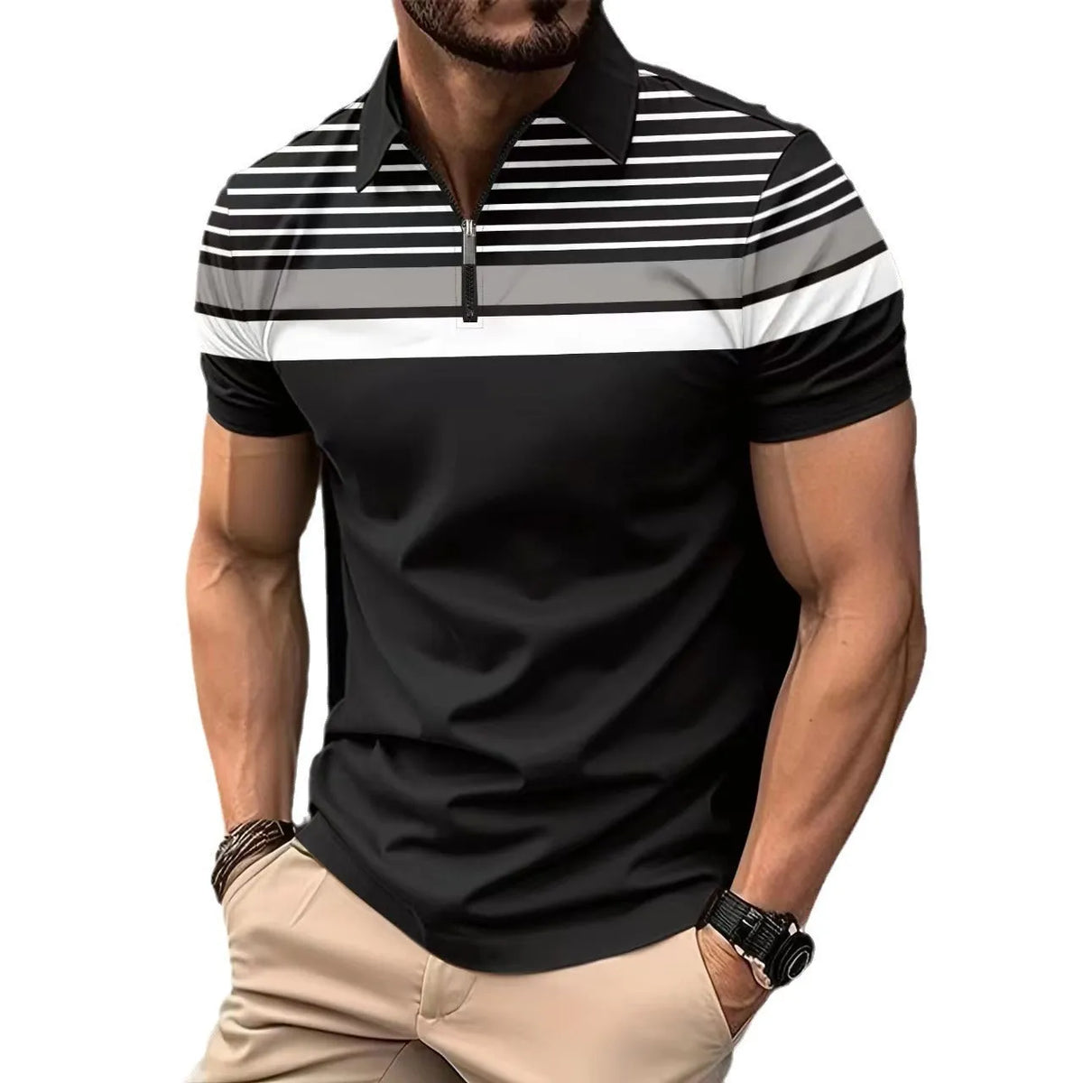 Men's black striped short sleeve t-shirt, loose fit, polyester, business casual top, sizes S-XXXL