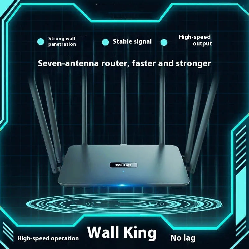 Black and white dual-frequency 5G Gigabit home WiFi router with multiple antennae for through-wall coverage.