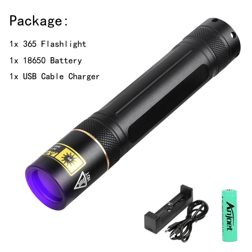 Y36 and 8006 model 365nm ultraviolet flashlights for fluorescent detection and anti-counterfeiting.