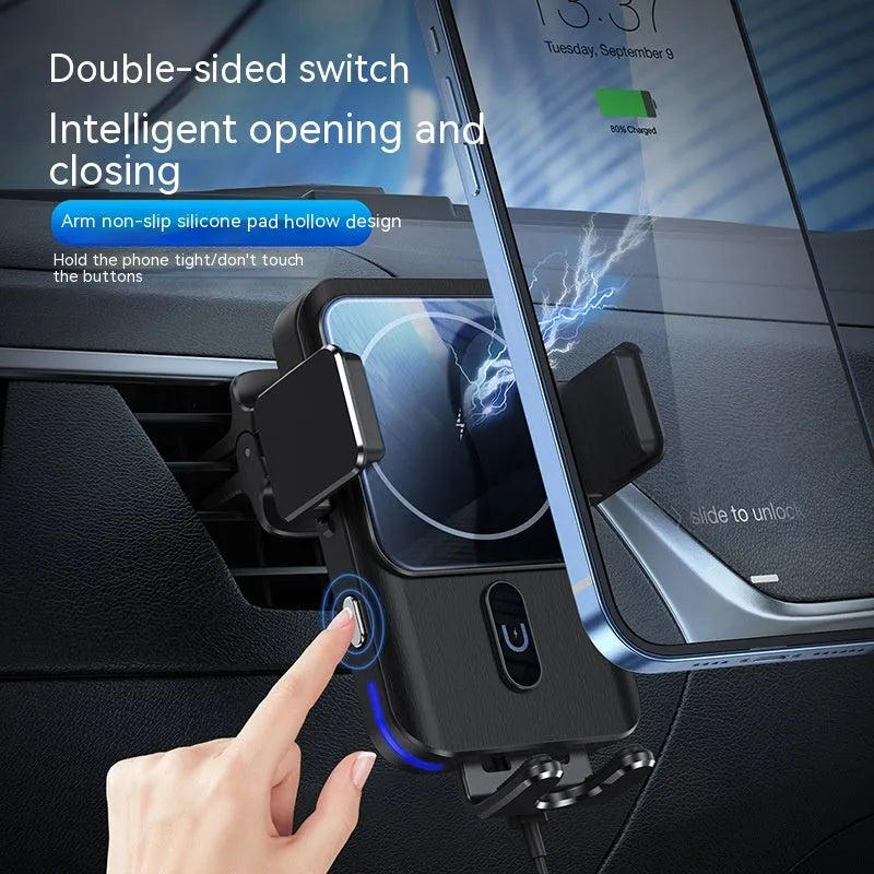 Black car wireless charger phone holder with 15W charging mounted on dashboard