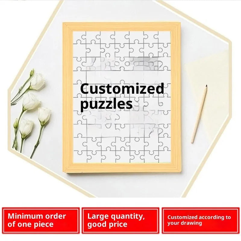 Wooden photo jigsaw puzzle with included photo frame, available in 70 to 500 piece sets