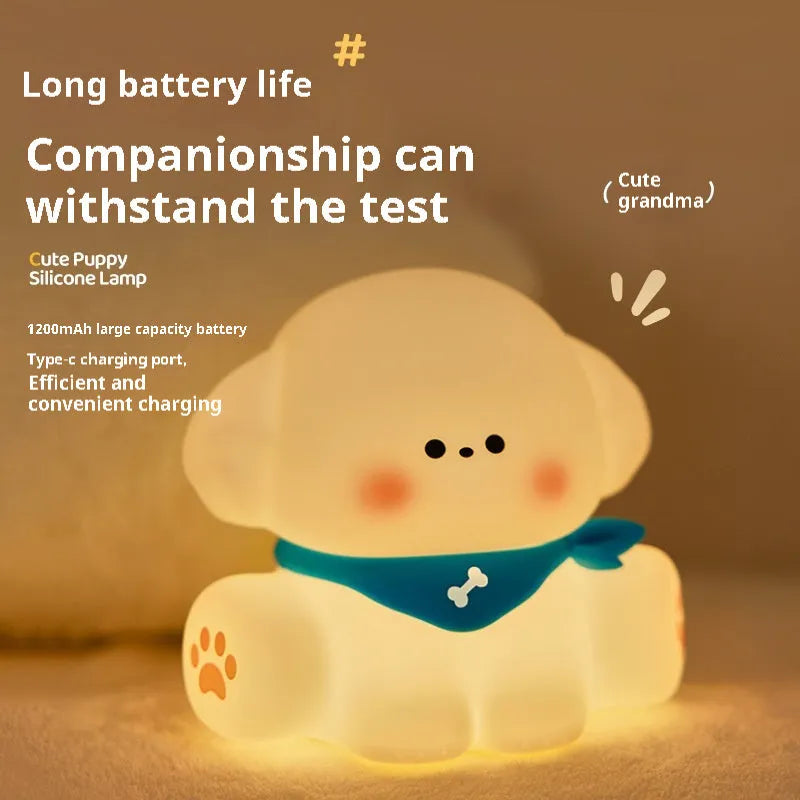 Silicone puppy night light for children's bedroom, 127mm high by 114mm wide, cartoon dog lamp