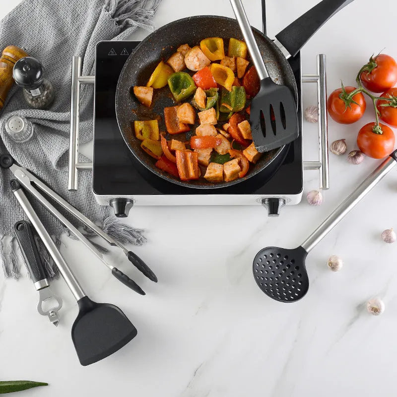 Black silicone kitchen spatula and spoon set with stainless steel handles - 16 piece cooking utensil collection