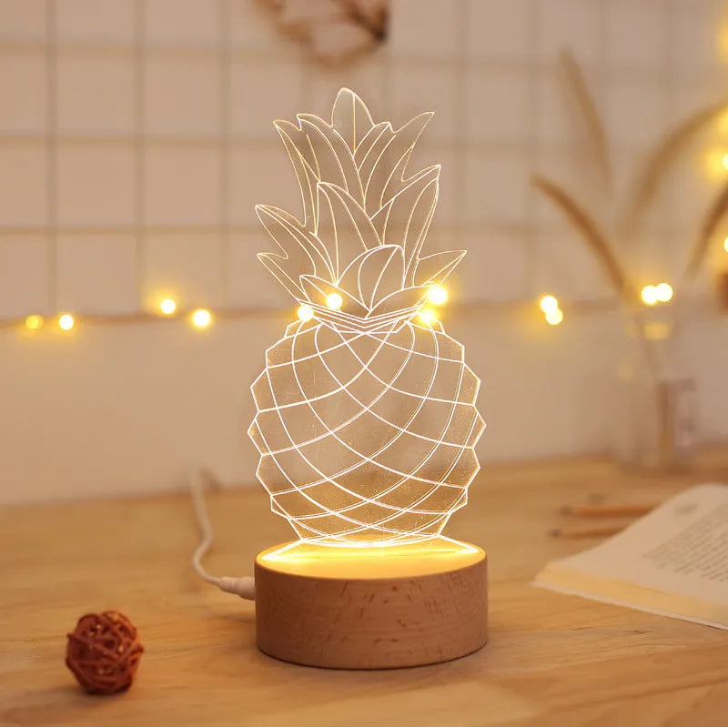 Pineapple-shaped bedside table lamp with wood and acrylic construction featuring USB power and dimmer switch