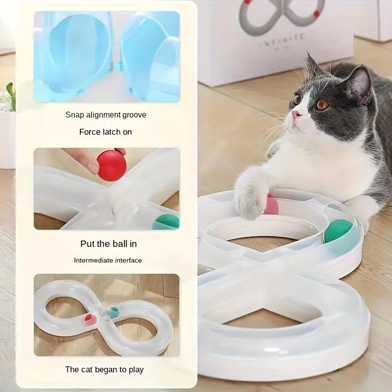 Interactive cat turntable toy with track balls and teasing stick on 50cm base