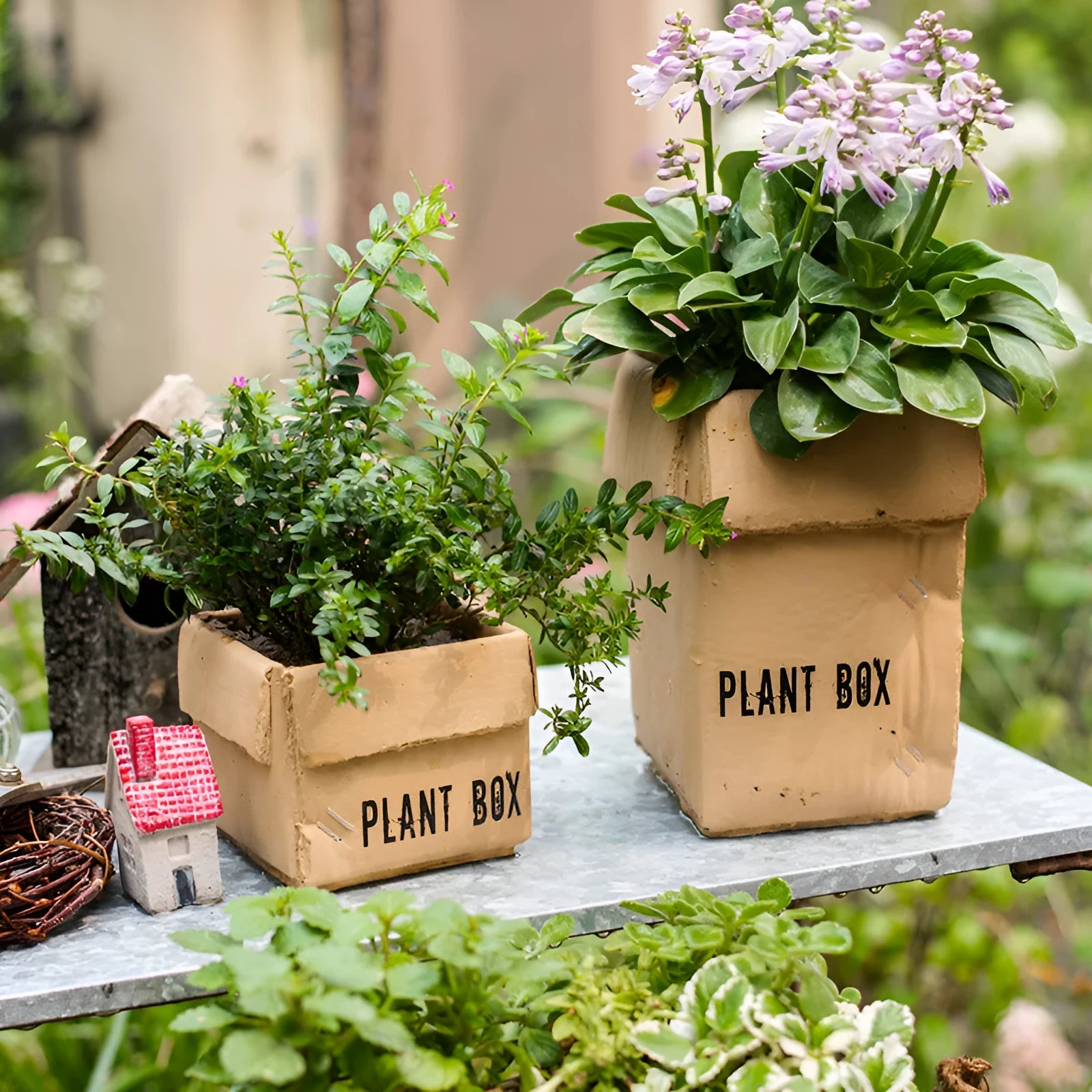 Cement brown paper box style flowerpot with bottom drainage holes for indoor planting
