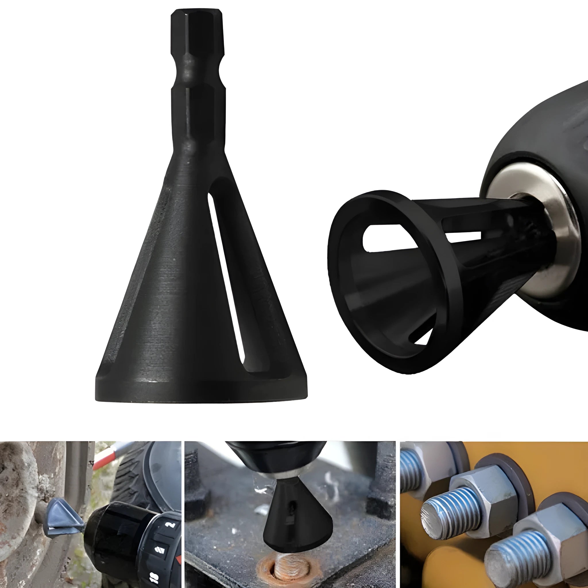 Single high-speed steel deburring chamfering drill bit with hexagonal three-groove shank on neutral background