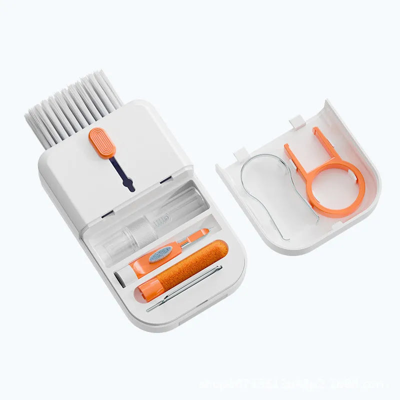 Portable 11 in 1 cleaning kit with brushes and storage box in blue and orange for keyboard and phone screen cleaning