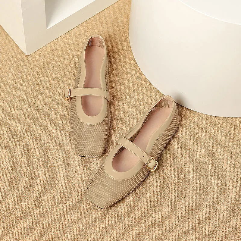 Women's beige mesh low-heel pump with square toe and buckle strap