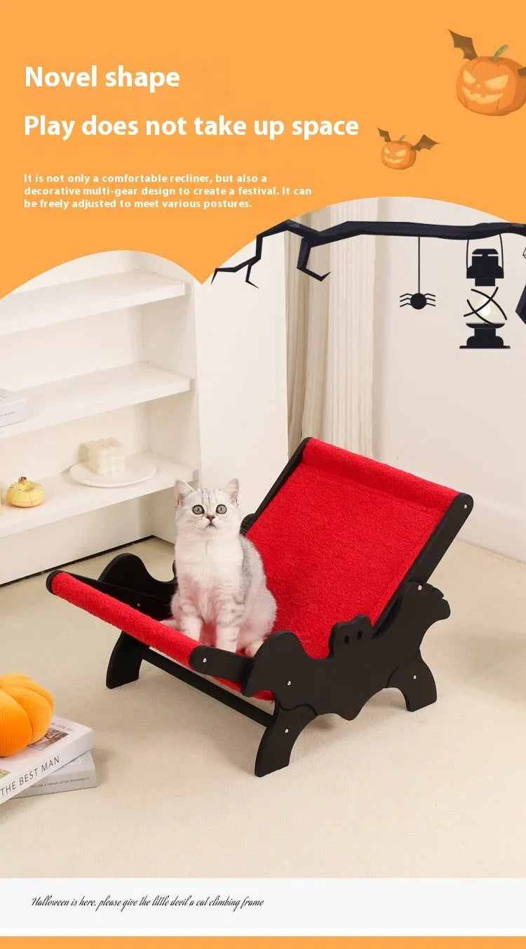Black and red Halloween themed wooden cat recliner bed with bat decorations