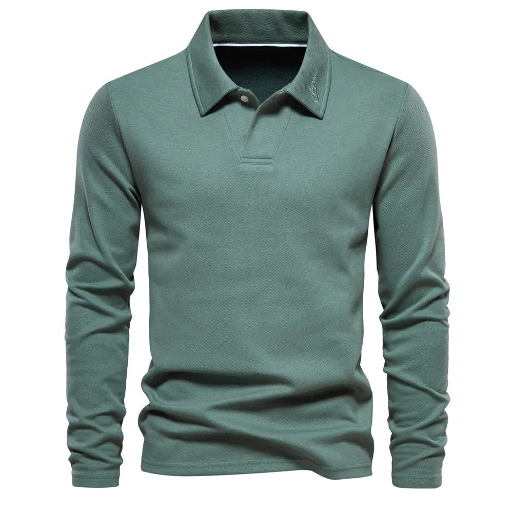 Men's long-sleeved polo shirt with lapel collar in dark grey, showing solid colour and cotton blend fabric