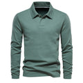 Men's long-sleeved polo shirt with lapel collar in dark grey, showing solid colour and cotton blend fabric