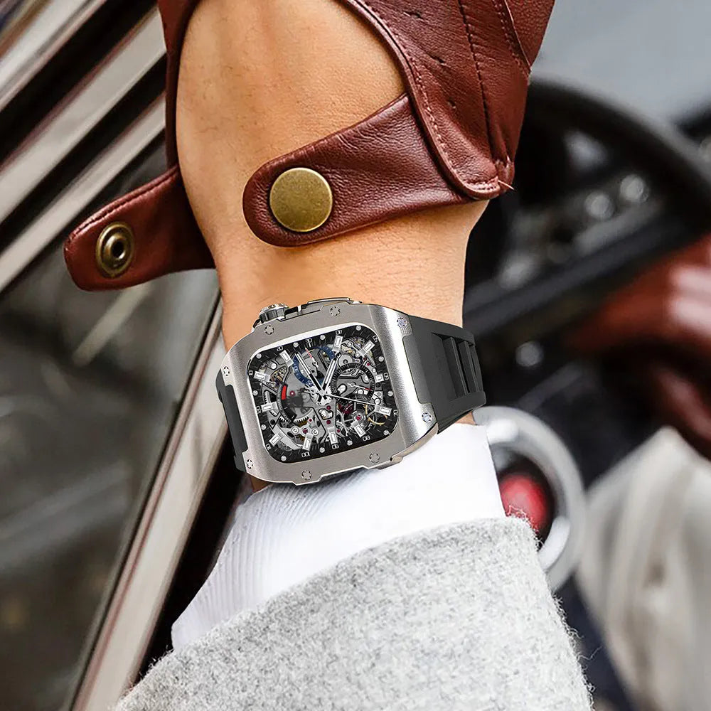 Titanium alloy watch case for Apple Watch 44mm and 45mm in black with rose gold accents