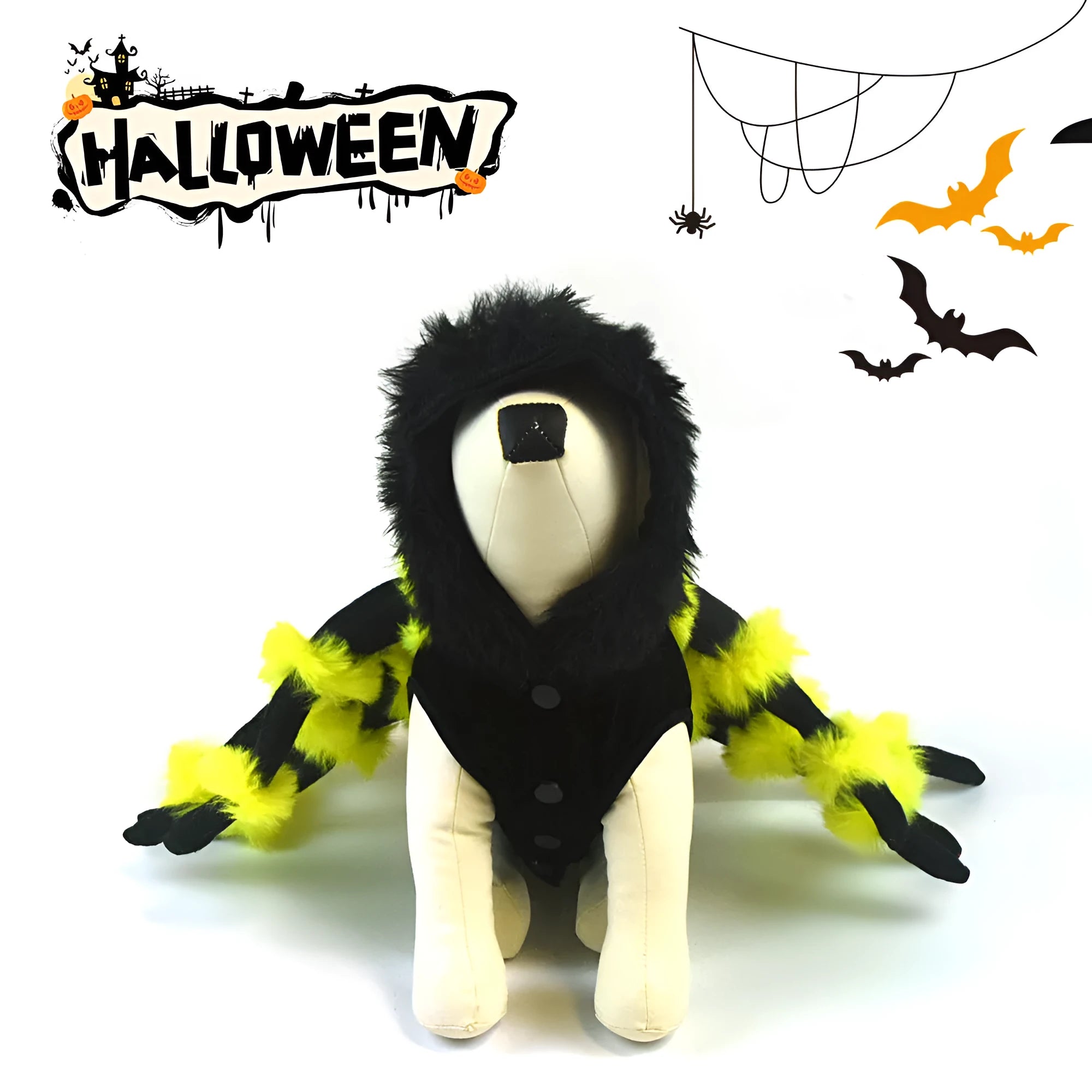 Spider-themed polyester pet costume for Halloween in sizes S to XXL on a pet