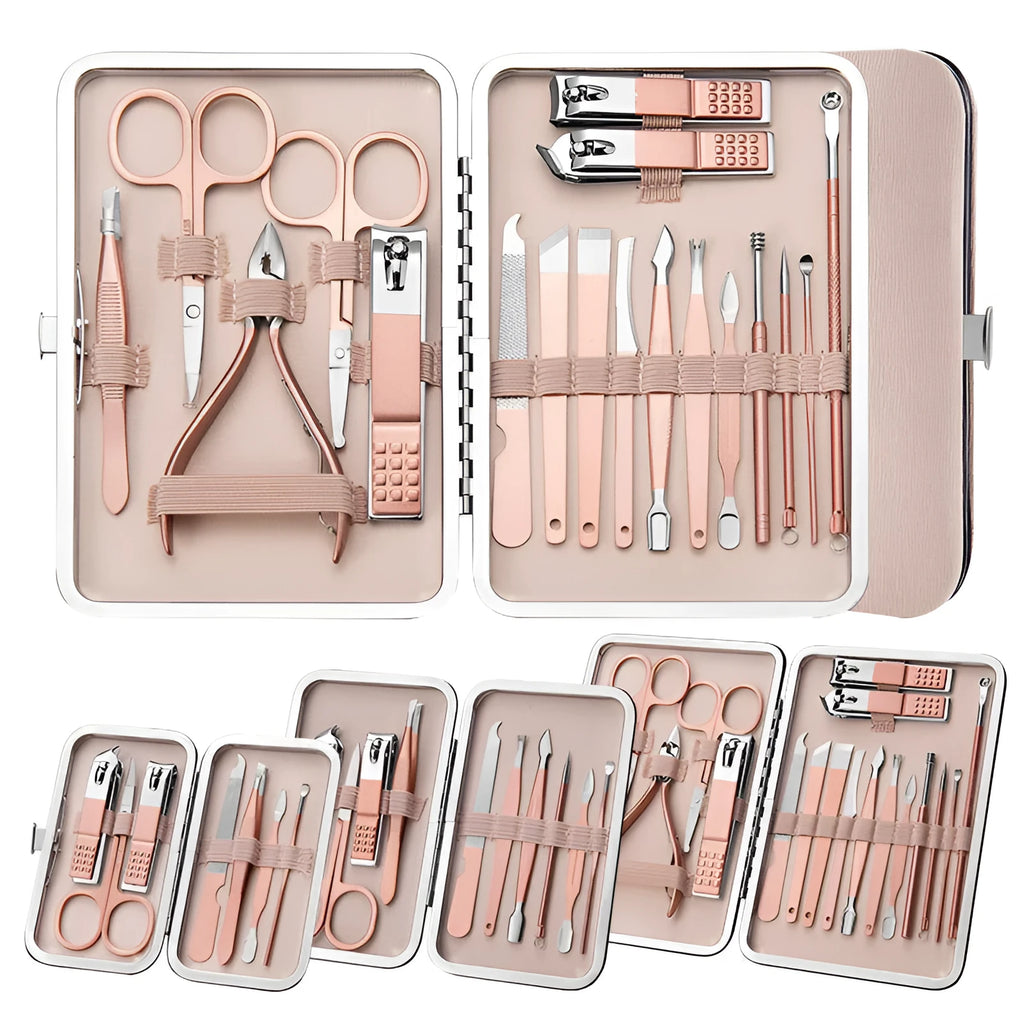 Black leather case containing stainless steel manicure tools with nail clippers and scissors