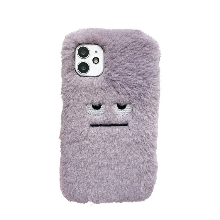 Purple plush phone case cover with funny emoticon design for iPhone models