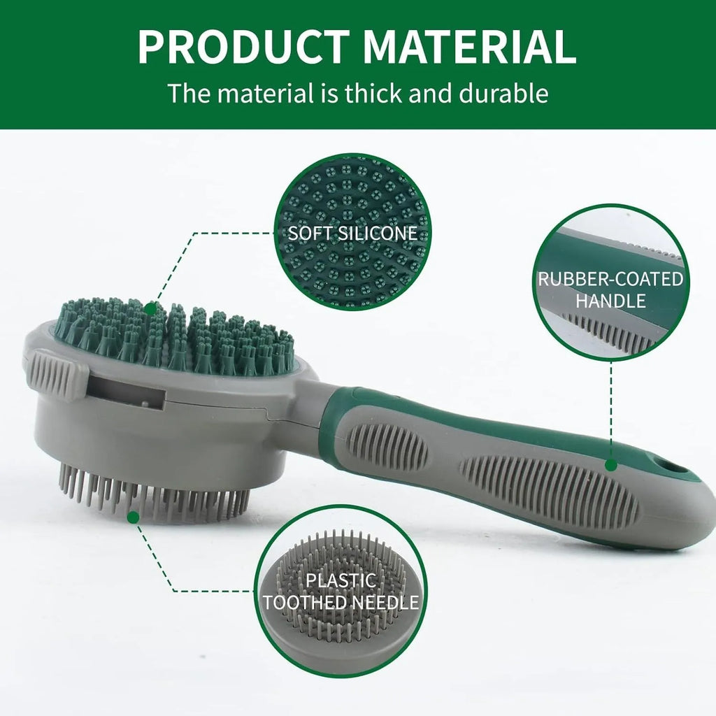 Green and pink dual-sided pet brush showing slicker brush side and silicone massage head side