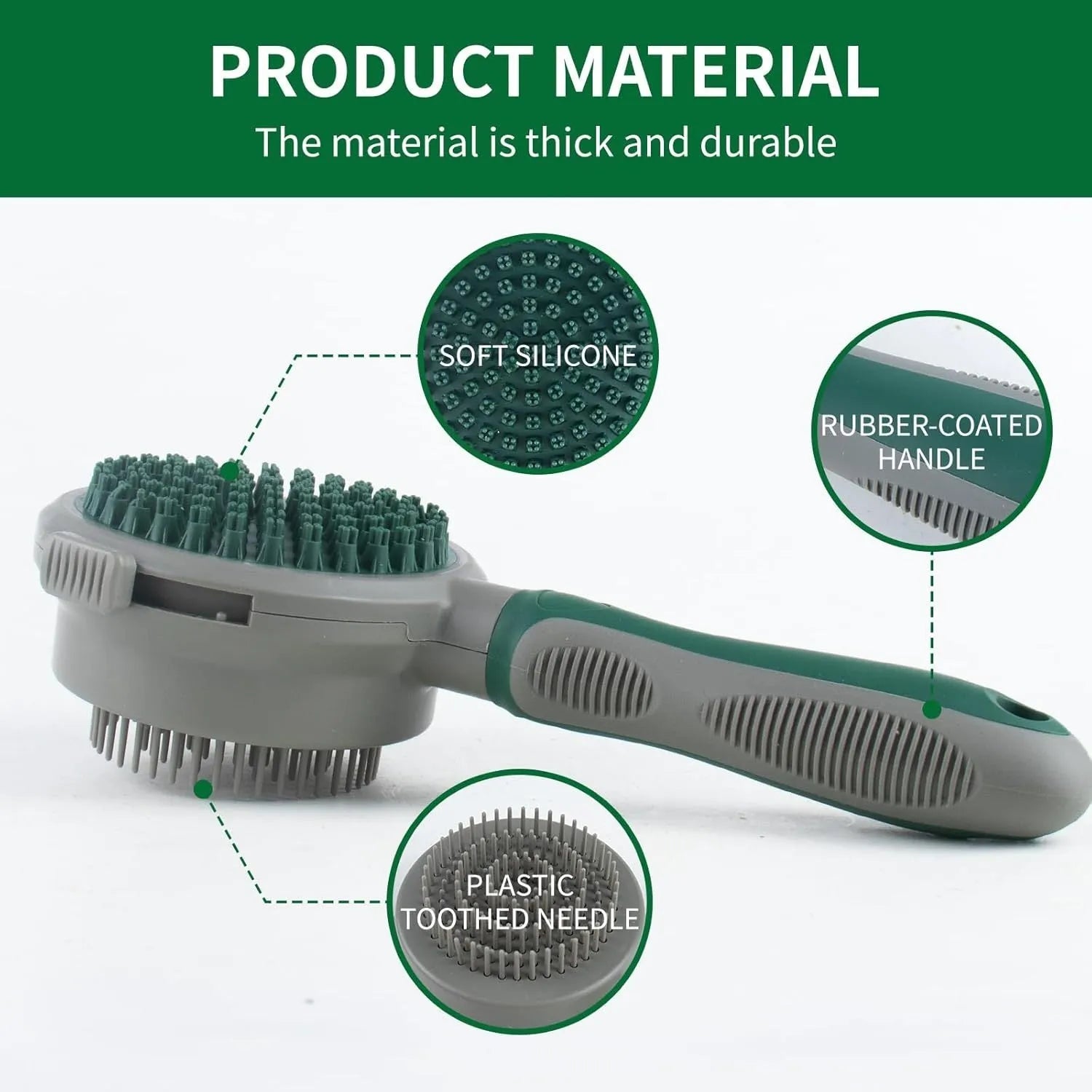 Green and pink dual-sided pet brush showing slicker brush side and silicone massage head side