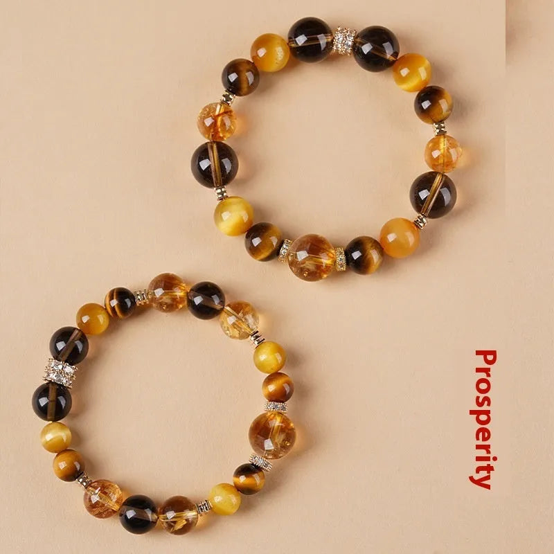 10mm natural yellow tower crystal tiger-eye bracelet with lucky K-boxing geometric pattern